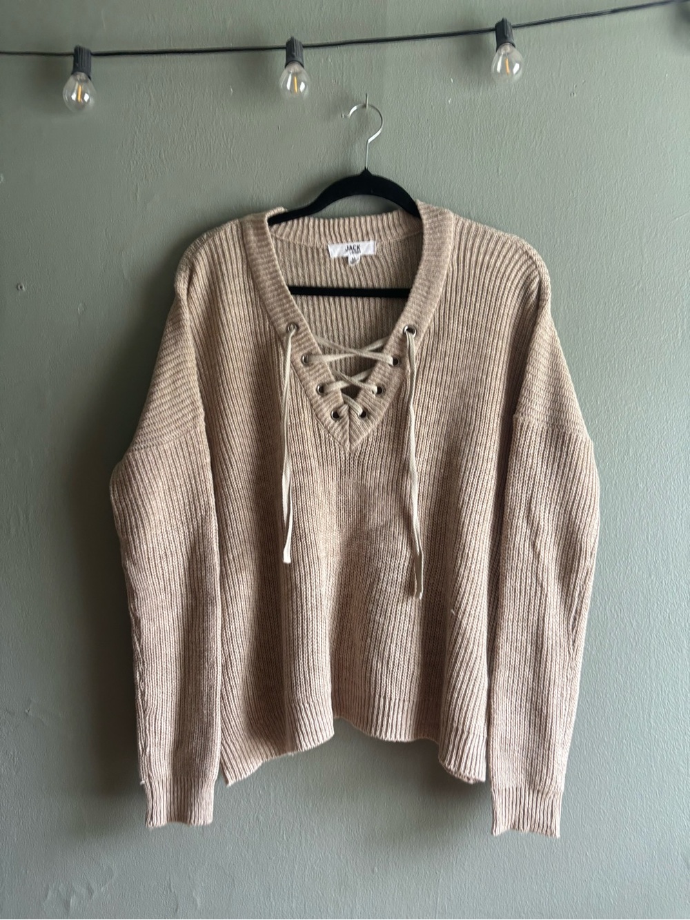 Jack by BB Dakota Lace-Up V-Neck Ribbed Sweater in Beige Size M